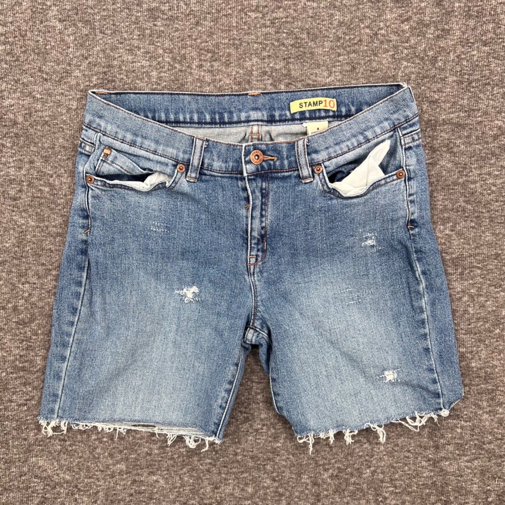 Stamp 10 Womens Medium Wash‎ Distressed Raw Hem Denim Shorts Blue Size 6